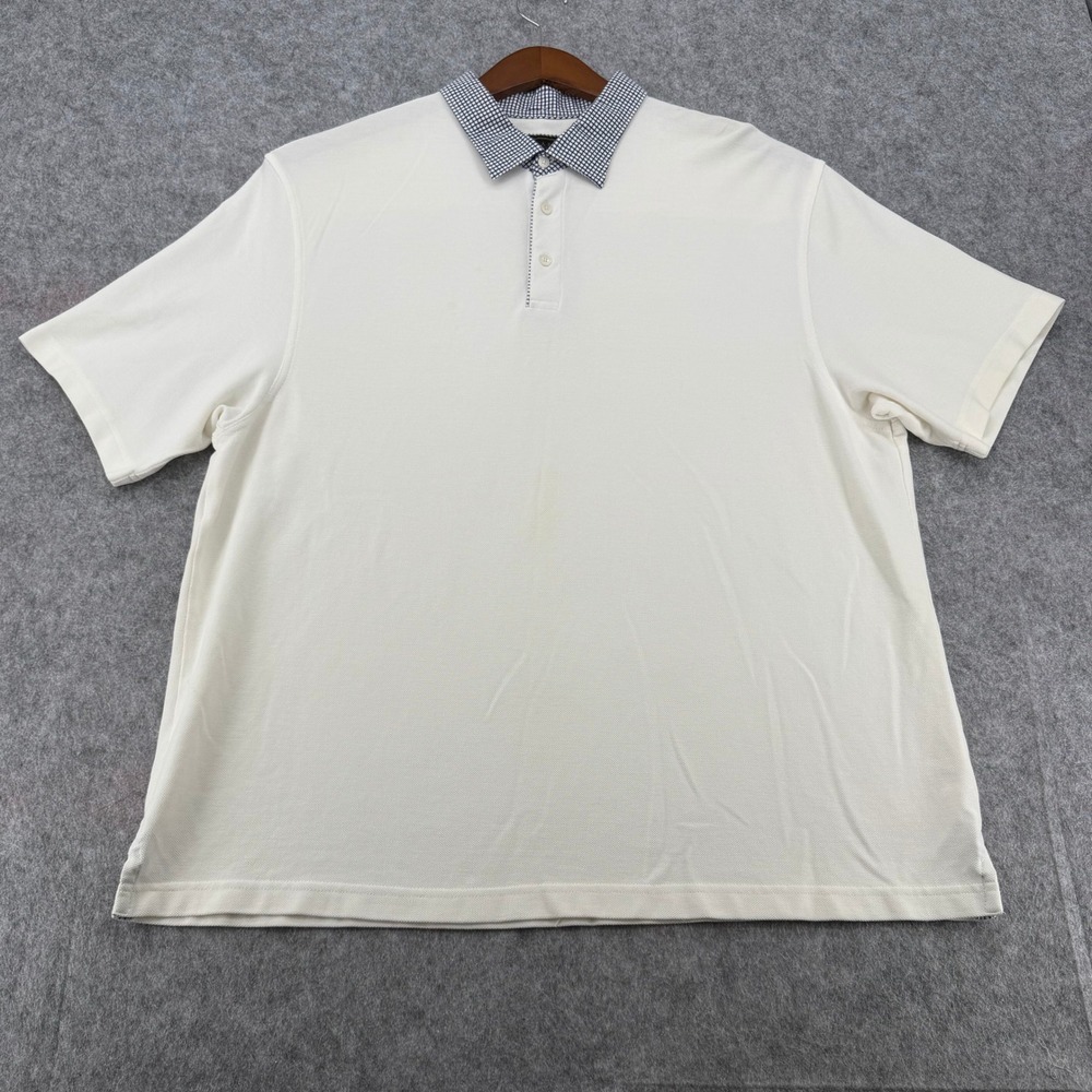 Jos A Bank Reserve Mens XXL Cream White Pique Polo Shirt Gingham Collar Cotton